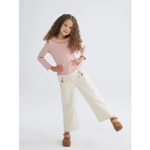 LCW Kids Ekru Beli Lastikli Çiçekli Kız Çocuk Pantolon