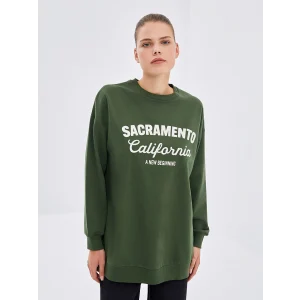 LCW Modest Yeşil Bisiklet Yaka Baskılı Kadın Sweatshirt Tunik