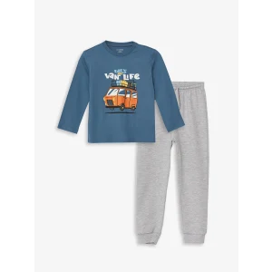 LCW Kids Mavi Bi Baby Bisiklet Yaka Uzun Kollu Baskılı Erkek Bebek Tişört ve Pantolon 2li Takım