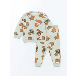 LCW baby Yeşil Bisiklet Yaka Uzun Kollu Baskılı Erkek Bebek Sweatshirt ve Pantolon 2li Takım