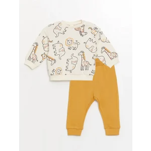 LCW baby Bej Bisiklet Yaka Baskılı Erkek Bebek Sweatshirt ve Eşofman Alt 2li Takım