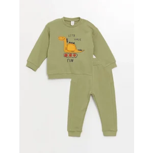 LCW baby Yeşil Bisiklet Yaka Uzun Kollu Baskılı Erkek Bebek Sweatshirt ve Eşofman Alt 2li Takım