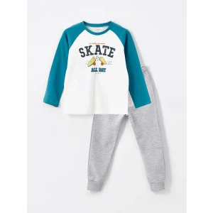 LCW Kids Ekru Bisiklet Yaka Uzun Kollu Baskılı Erkek Bebek Tişört ve Eşofman Alt 2li Takım