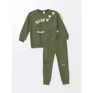 LCW Kids Haki Bisiklet Yaka Uzun Kollu Baskılı Erkek Bebek Sweatshirt ve Eşofman Alt 2li Takım