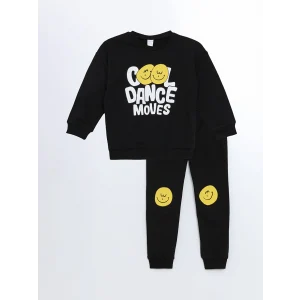 LCW Kids Siyah Bisiklet Yaka Baskılı Erkek Bebek Sweatshirt ve Eşofman Alt 2li Takım