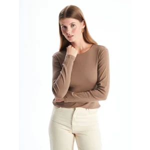LCWAIKIKI Classic Kahverengi Bisiklet Yaka Düz Uzun Kollu Kadın Body