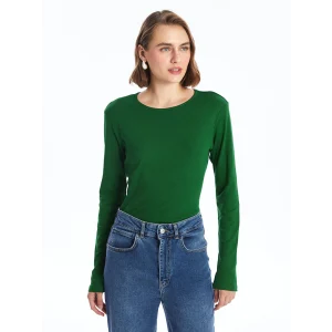 LCWAIKIKI Classic Yeşil Bisiklet Yaka Düz Uzun Kollu Kadın Body