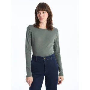 LCWAIKIKI Basic Yeşil Bisiklet Yaka Düz Uzun Kollu Kadın Body