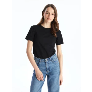 LCWAIKIKI Basic Siyah Bisiklet Yaka Düz Kısa Kollu Kadın Tişört
