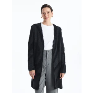 LCWAIKIKI Classic Antrasit Şal Yaka Desenli Uzun Kollu Kadın Pelüş Hırka