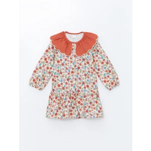 LCW Kids Ekru Bebe Yaka Uzun Kollu Çiçekli Kız Çocuk Elbise