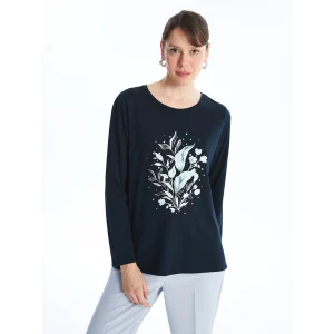 LCW Grace Lacivert Bisiklet Yaka Baskılı Uzun Kollu Kadın Tişört