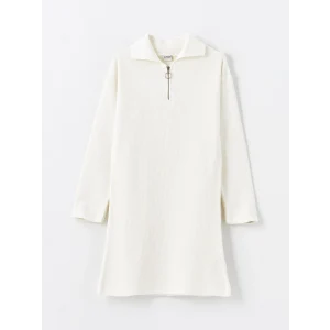 LCW Kids Ekru Polo Yaka Basic Uzun Kollu Kız Çocuk Triko Elbise