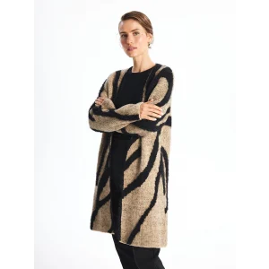 LCWAIKIKI Classic Kahverengi Şal Yaka Desenli Uzun Kollu Kadın Pelüş Hırka