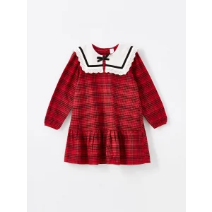 LCW Kids Kirmizi Bebe Yaka Uzun Kollu Ekose Desenli Kız Çocuk Elbise