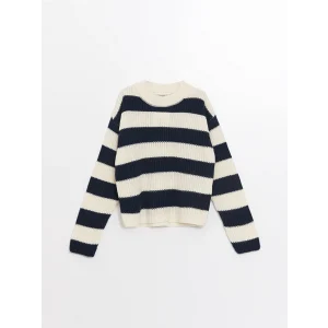 LCW Kids Lacivert Bisiklet Yaka Çizgili Uzun Kollu Kız Çocuk Triko Kazak