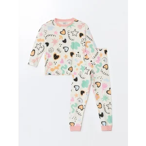 LCW Kids Ekru Bisiklet Yaka Baskılı Uzun Kollu Kız Çocuk Pijama Takımı