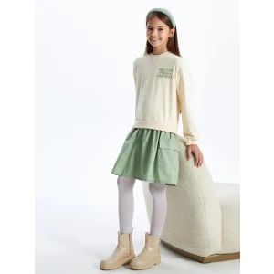 LCW Kids Bej Bisiklet Yaka Baskılı Kız Çocuk Elbise