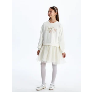 LCW Kids Ekru Bisiklet Yaka Kız Çocuk Elbise