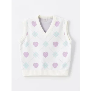 LCW Kids Ekru V Yaka Desenli Kız Çocuk Triko Süveter