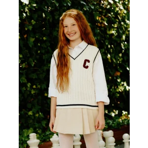 LCW Kids Ekru V Yaka Kız Çocuk Triko Süveter