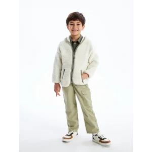 LCW Kids Bej Kapüşonlu Pelüş Erkek Çocuk Fermuarlı Sweatshirt