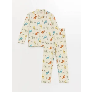 LCW baby Ekru Polo Yaka Uzun Kollu Baskılı Erkek Bebek Pijama Takımı