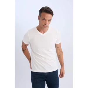 Defacto D7938 Beyaz %100 Pamuk Regular Fit V Yaka Pamuklu Basic Düz Kısa Kollu Tişört