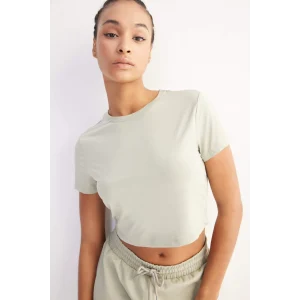 Defacto D7295 Haki DeFactoFit Crop Bisiklet Yaka Basic Düz Sporcu Kısa Kollu Tişört