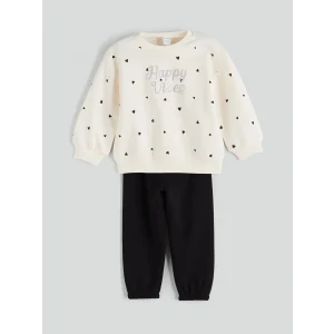 LCW Kids Ekru Bisiklet Yaka Kız Çocuk Sweatshirt ve Eşofman Altı