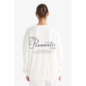 Defacto F7881AXER105 Ekru Oversize Geniş Kalıp Bisiklet Yaka Baskılı Kalın Sweatshirt