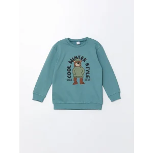LCW Kids Yeşil Bisiklet Yaka Kalın Baskılı Erkek Bebek Sweatshirt
