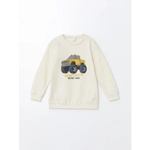LCW Kids Bej Bisiklet Yaka Uzun Kollu Kalın Baskılı Erkek Bebek Sweatshirt