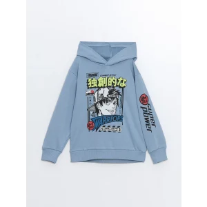 LCW Kids Mavi Rahat Kalıp Kapüşonlu Baskılı Erkek Çocuk Sweatshirt