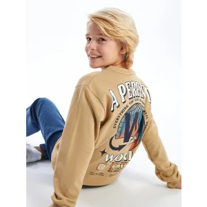 LCW Kids Bej Bisiklet Yaka Baskılı Uzun Kollu Erkek Çocuk Sweatshirt