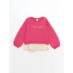 LCW Kids Fuşya Bisiklet Yaka Nakışlı Kız Çocuk Sweatshirt