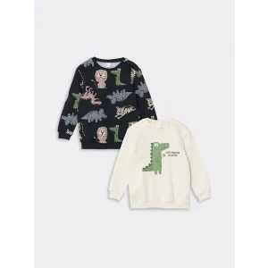 LCW Kids Bej Bisiklet Yaka Baskılı Erkek Bebek Sweatshirt 2li