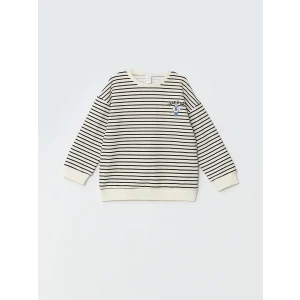 LCW Kids Bej Bisiklet Yaka Çizgili Erkek Çocuk Kalın Sweatshirt