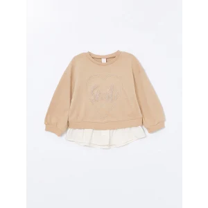 LCW Kids Bej Bisiklet Yaka Uzun Kollu Baskılı Kız Bebek Sweatshirt