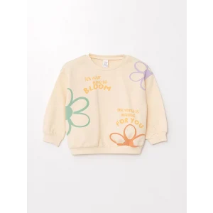 LCW Kids Ekru Bisiklet Yaka Kalın Baskılı Kız Çocuk Sweatshirt