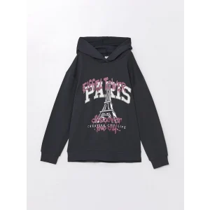 LCW Kids Antrasit Kapüşonlu Baskılı Uzun Kollu Kız Çocuk Sweatshirt