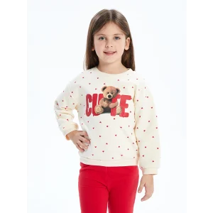 LCW Kids Ekru Bisiklet Yaka Kalın Baskılı Kız Çocuk Sweatshirt
