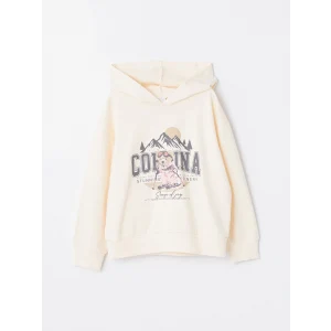 LCW Kids Bej Kapüşonlu Baskılı Uzun Kollu Kız Çocuk Sweatshirt