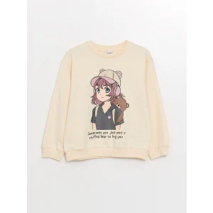 LCW Kids Bej Bisiklet Yaka Uzun Kollu Baskılı Kız Çocuk Sweatshirt