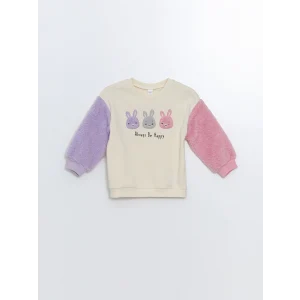 LCW Kids Ekru Bisiklet Yaka Kalın Baskılı Kız Bebek Sweatshirt