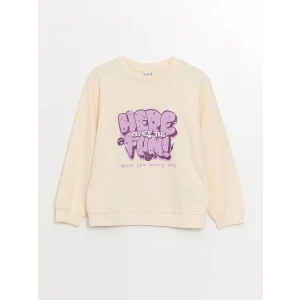 LCW Kids Bej Bisiklet Yaka Baskılı Uzun Kollu Kız Çocuk Sweatshirt