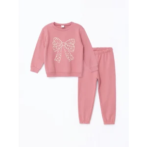 LCW Kids Pembe Bisiklet Yaka Uzun Kollu Baskılı Kız Çocuk Sweatshirt ve Eşofman Alt 2li Takım