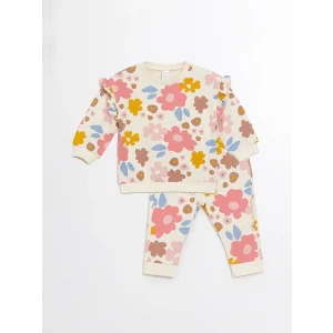 LCW baby Ekru Bisiklet Yaka Uzun Kollu Çiçekli Kız Bebek Sweatshirt ve Eşofman Alt 2li Takım