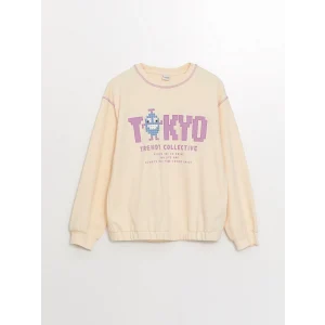 LCW Kids Bej Bisiklet Yaka Baskılı Uzun Kollu Kız Çocuk Sweatshirt