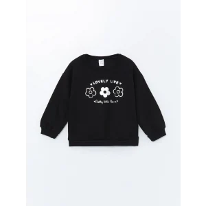 LCW Kids Siyah Bisiklet Yaka Kalın Baskılı Kız Çocuk Sweatshirt